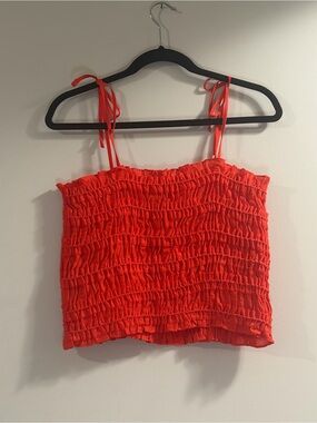 Tory Burch Red Shirred Tie-Shoulder Crop Camisole
